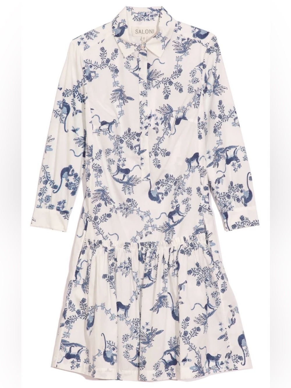 SALONI White and Blue Toile Animal-Print Mini Dress